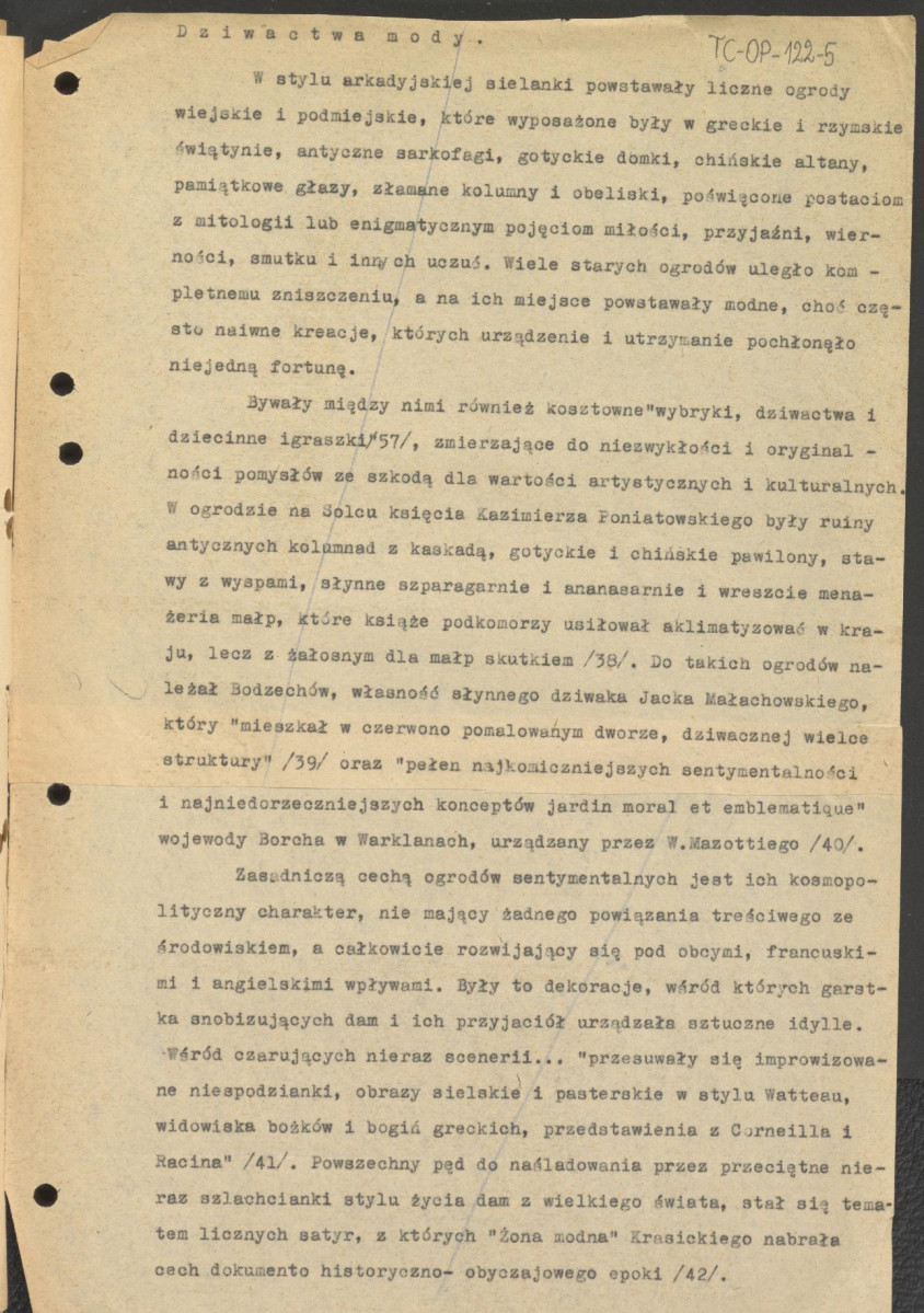 tekst podzielony na części składowe (cz.4) pełnego rozdziału stanowiący materiał roboczy przygotowany z myślą o publikacji "Ogrody Polskie" (wyd. 1954) wraz z naniesionymi poprawkami, oddzielnie przygotowaną obwolutą oraz przypisami, skan 26