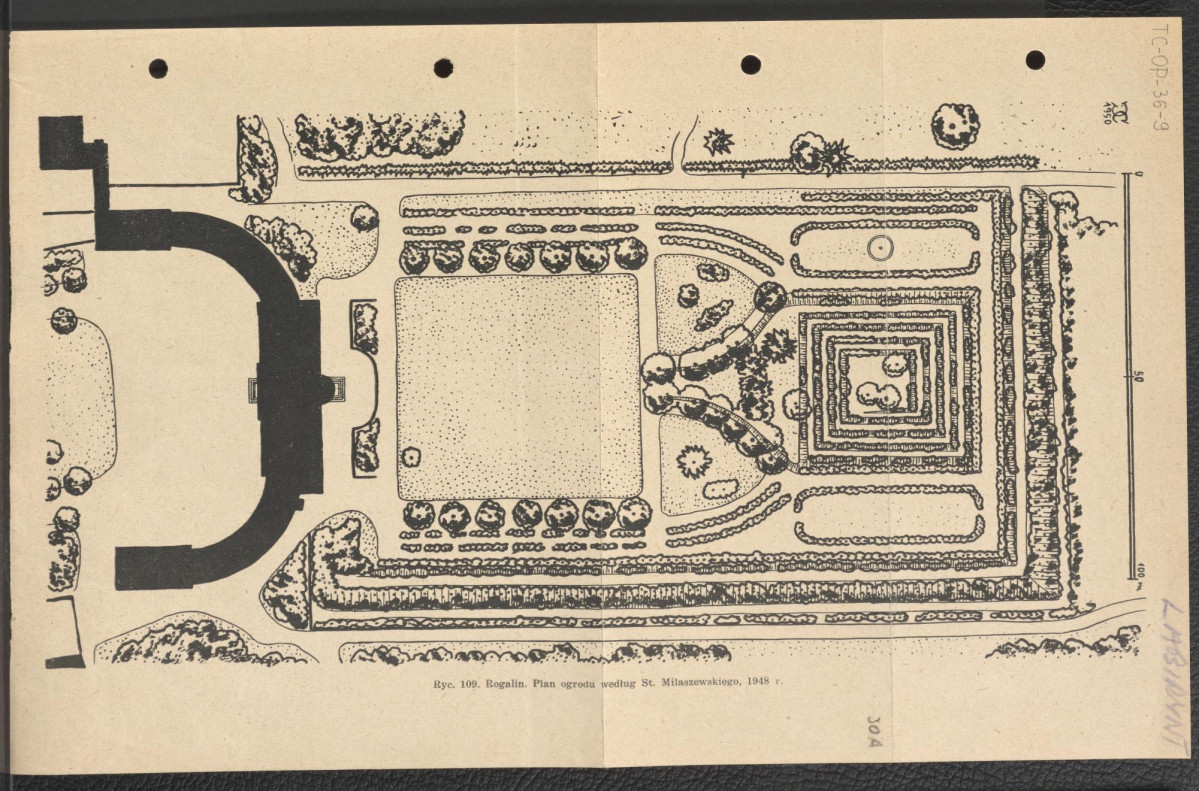 karta z wydrukiem przedstawiający wg opisu: „Ryc. 109. Rogalin. Plan ogrodu wg St. Miłoszewskiego, 1948 r.”, skan 1