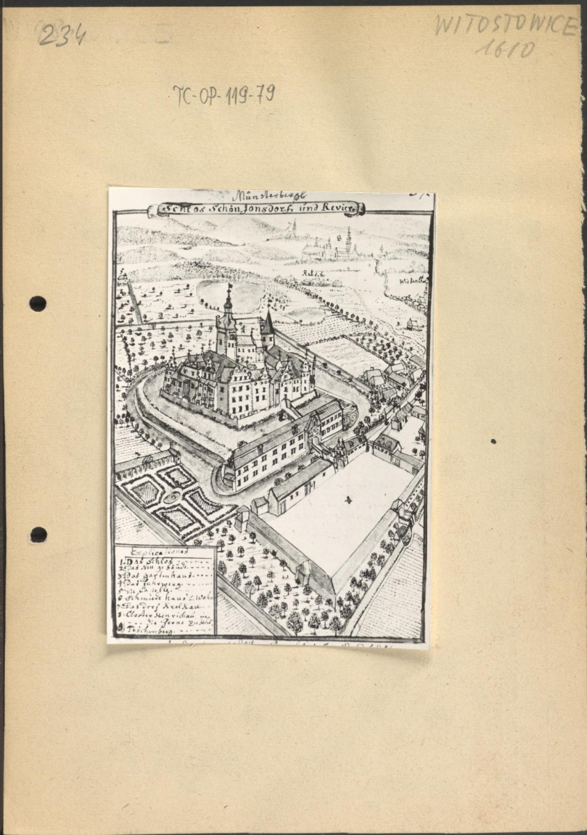 fotografia czarno - biała przedstawiająca reprodukcję zamku w Witostowicach z widokiem na okolicę i ogrody. Fotografia ze zbiorów Instytutu Urbanistyki i Architektury, nr. 705/10, skan 1