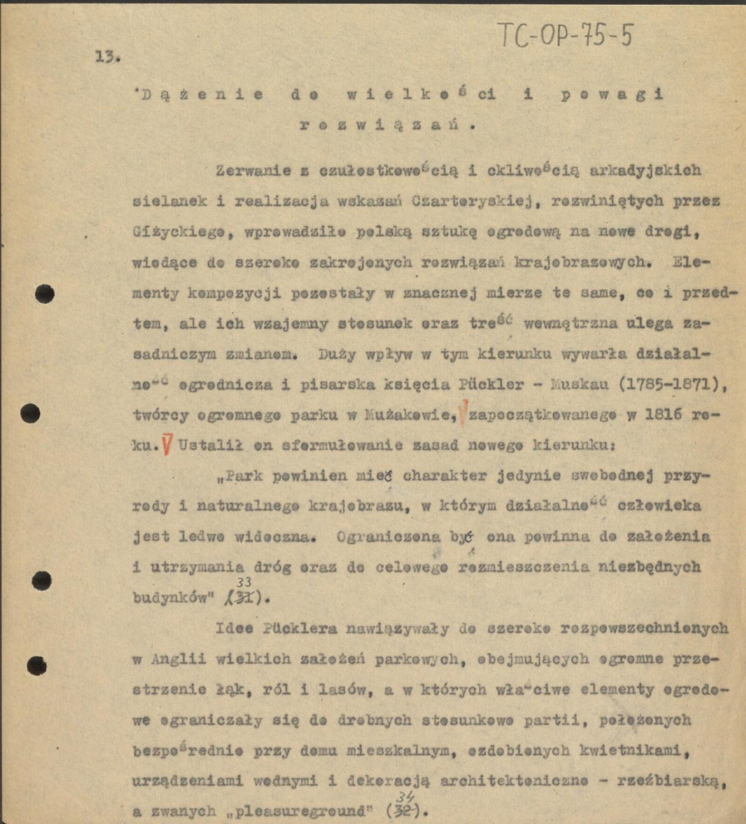 tekst, materiały roboczy do tematu jw., publikacji „Zarys historii kompozycji ogrodowej w Polsce” (wyd. 1955), początek podrozdziału „Dążenie do wielkości i powagi rozwiązań”, rozdziału VI., skan 1