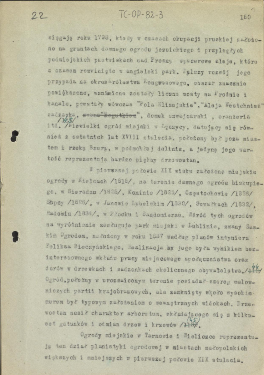fragmenty tekstu, materiał roboczy do publikacji "Ogrody Polskie" (wyd. 1954) do podrozdziału „Miejskie ogrody publiczne”, skan 1