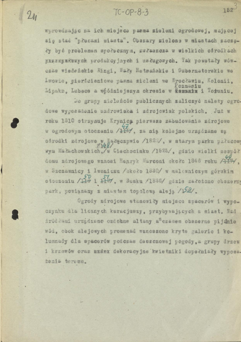 fragmenty tekstu, materiał roboczy do publikacji "Ogrody Polskie" (wyd. 1954) do podrozdziału „Miejskie ogrody publiczne”, skan 3