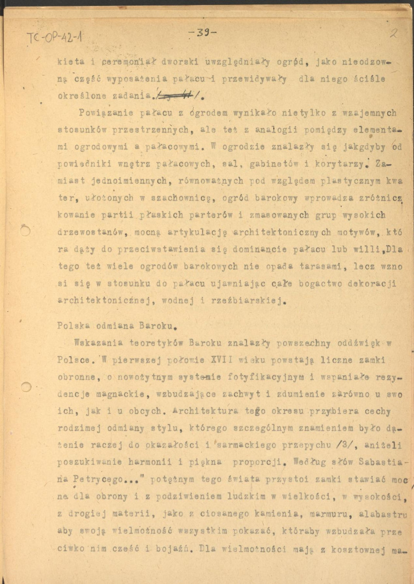 tekst, materiał roboczy do rozdziału III publikacji "Ogrody Polskie" (wyd. 1954). Fragment zaczynający się od słów: "Styl architektoniczny. Wspaniałe i monumentalne inwencje włoskich ogrodów tarasowych...", skan 2