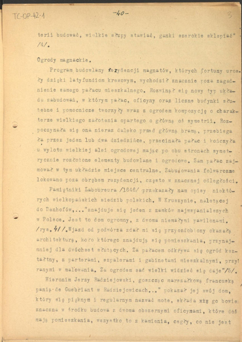 tekst, materiał roboczy do rozdziału III publikacji "Ogrody Polskie" (wyd. 1954). Fragment zaczynający się od słów: "Styl architektoniczny. Wspaniałe i monumentalne inwencje włoskich ogrodów tarasowych...", skan 3