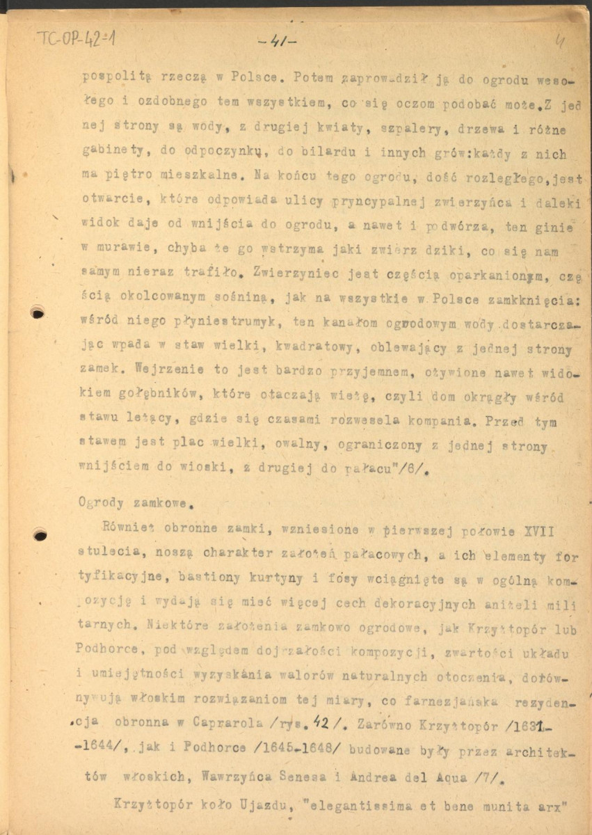 tekst, materiał roboczy do rozdziału III publikacji "Ogrody Polskie" (wyd. 1954). Fragment zaczynający się od słów: "Styl architektoniczny. Wspaniałe i monumentalne inwencje włoskich ogrodów tarasowych...", skan 4