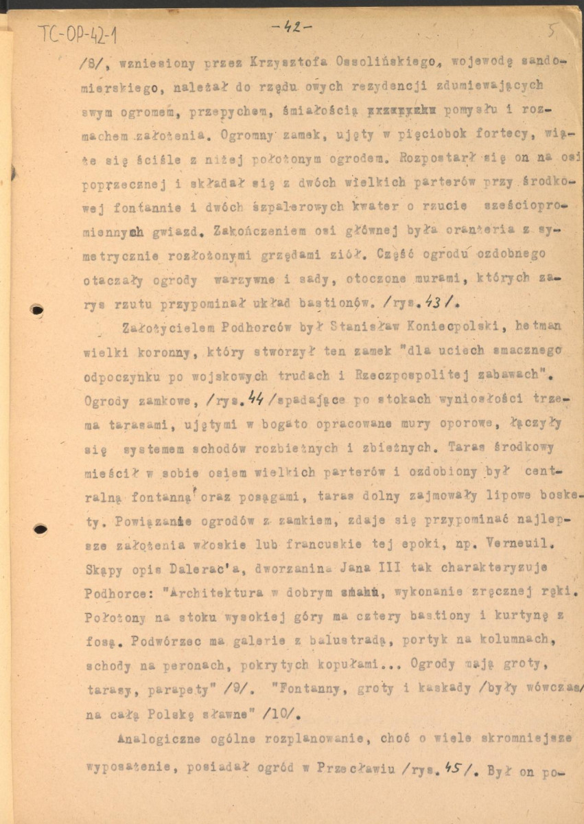 tekst, materiał roboczy do rozdziału III publikacji "Ogrody Polskie" (wyd. 1954). Fragment zaczynający się od słów: "Styl architektoniczny. Wspaniałe i monumentalne inwencje włoskich ogrodów tarasowych...", skan 5