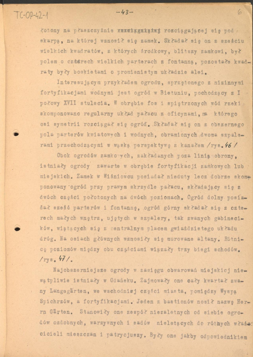 tekst, materiał roboczy do rozdziału III publikacji "Ogrody Polskie" (wyd. 1954). Fragment zaczynający się od słów: "Styl architektoniczny. Wspaniałe i monumentalne inwencje włoskich ogrodów tarasowych...", skan 6
