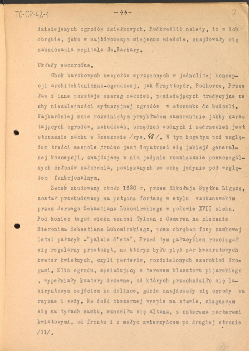 tekst, materiał roboczy do rozdziału III publikacji "Ogrody Polskie" (wyd. 1954). Fragment zaczynający się od słów: "Styl architektoniczny. Wspaniałe i monumentalne inwencje włoskich ogrodów tarasowych...", skan 7