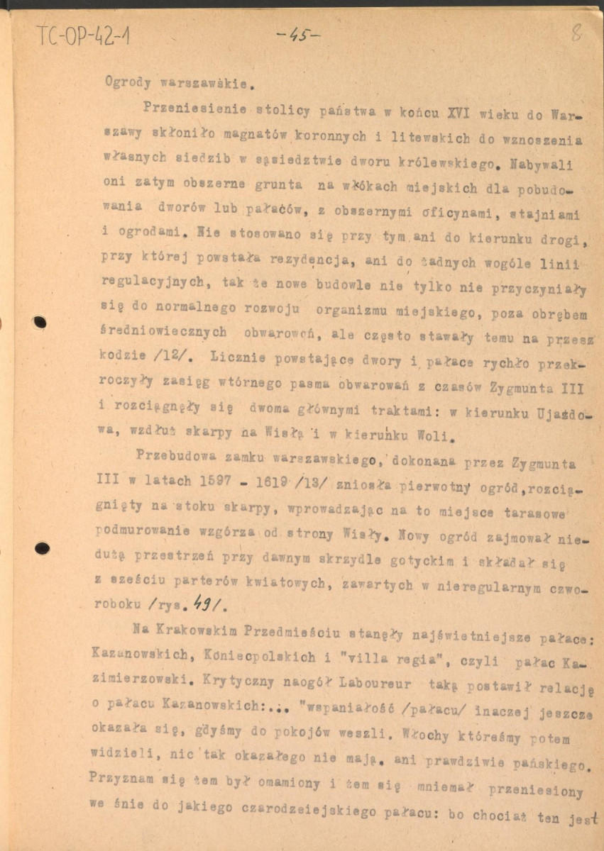 tekst, materiał roboczy do rozdziału III publikacji "Ogrody Polskie" (wyd. 1954). Fragment zaczynający się od słów: "Styl architektoniczny. Wspaniałe i monumentalne inwencje włoskich ogrodów tarasowych...", skan 8