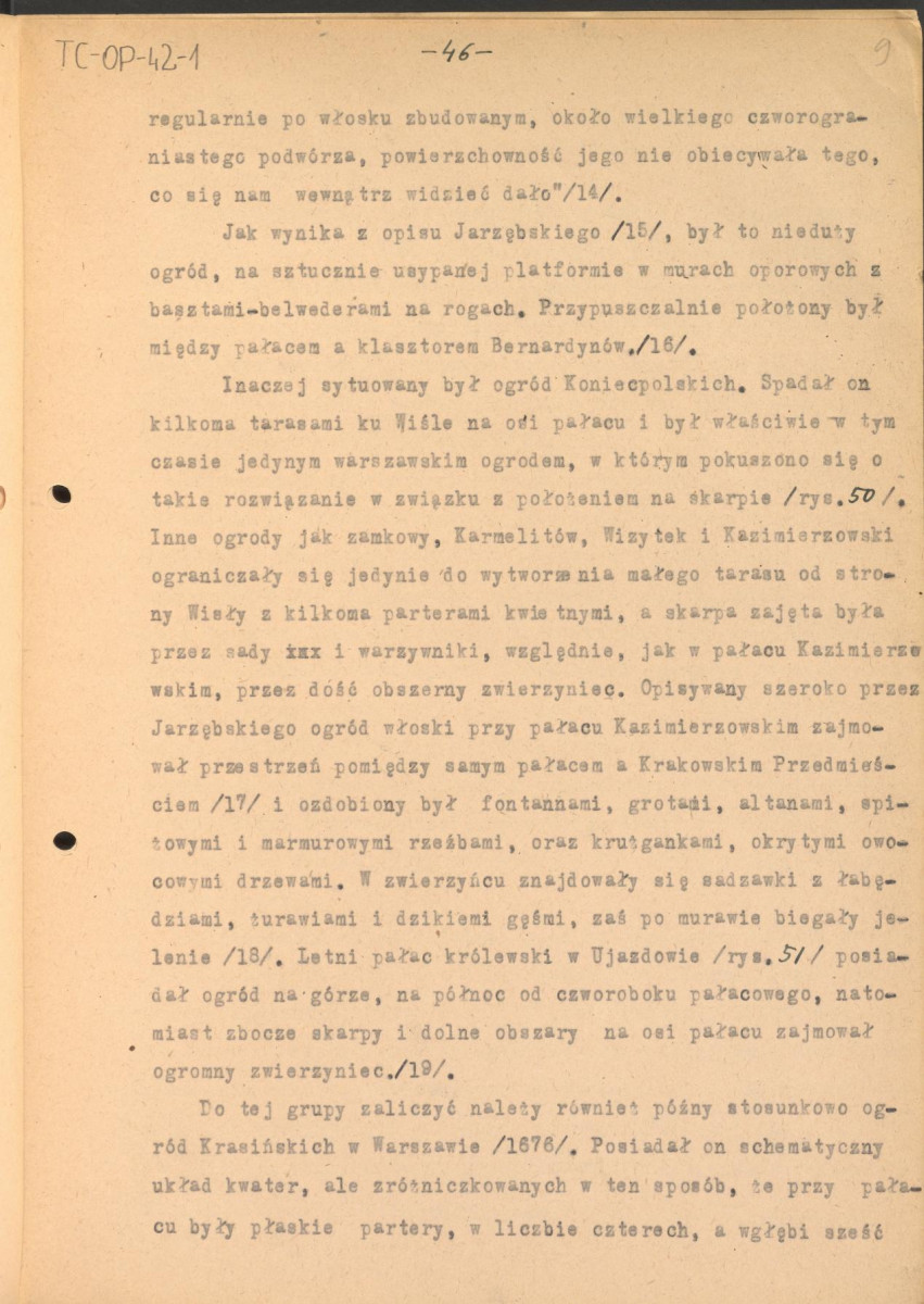 tekst, materiał roboczy do rozdziału III publikacji "Ogrody Polskie" (wyd. 1954). Fragment zaczynający się od słów: "Styl architektoniczny. Wspaniałe i monumentalne inwencje włoskich ogrodów tarasowych...", skan 9