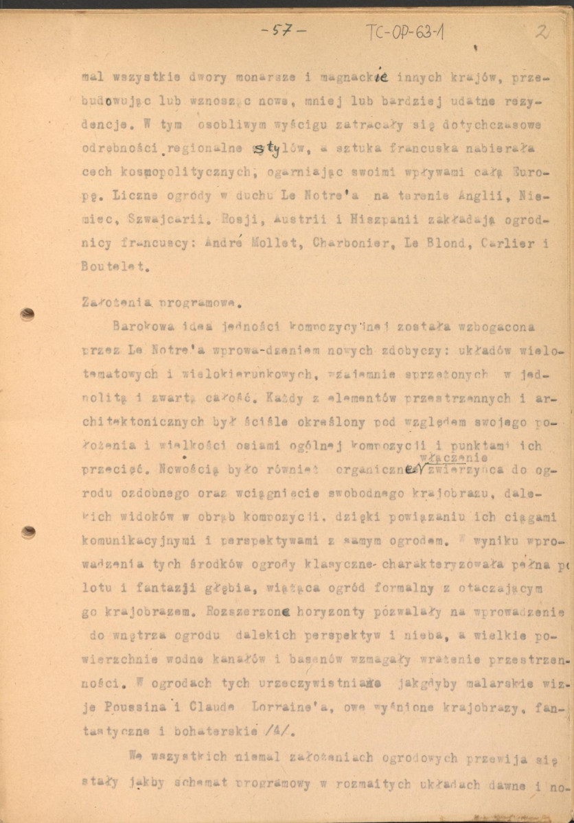 materiał roboczy do rozdziału IV "Klasyczne ogrody XVIII wieku" w "Ogrody Polskie" (wyd. 1954) - kolejna wersja tekstu rozpoczynająca się słowami: "Utworzenie w Rzymie w roku 1663 przez Ludwika XIV…", strony ponumerowane 56-81, skan 2