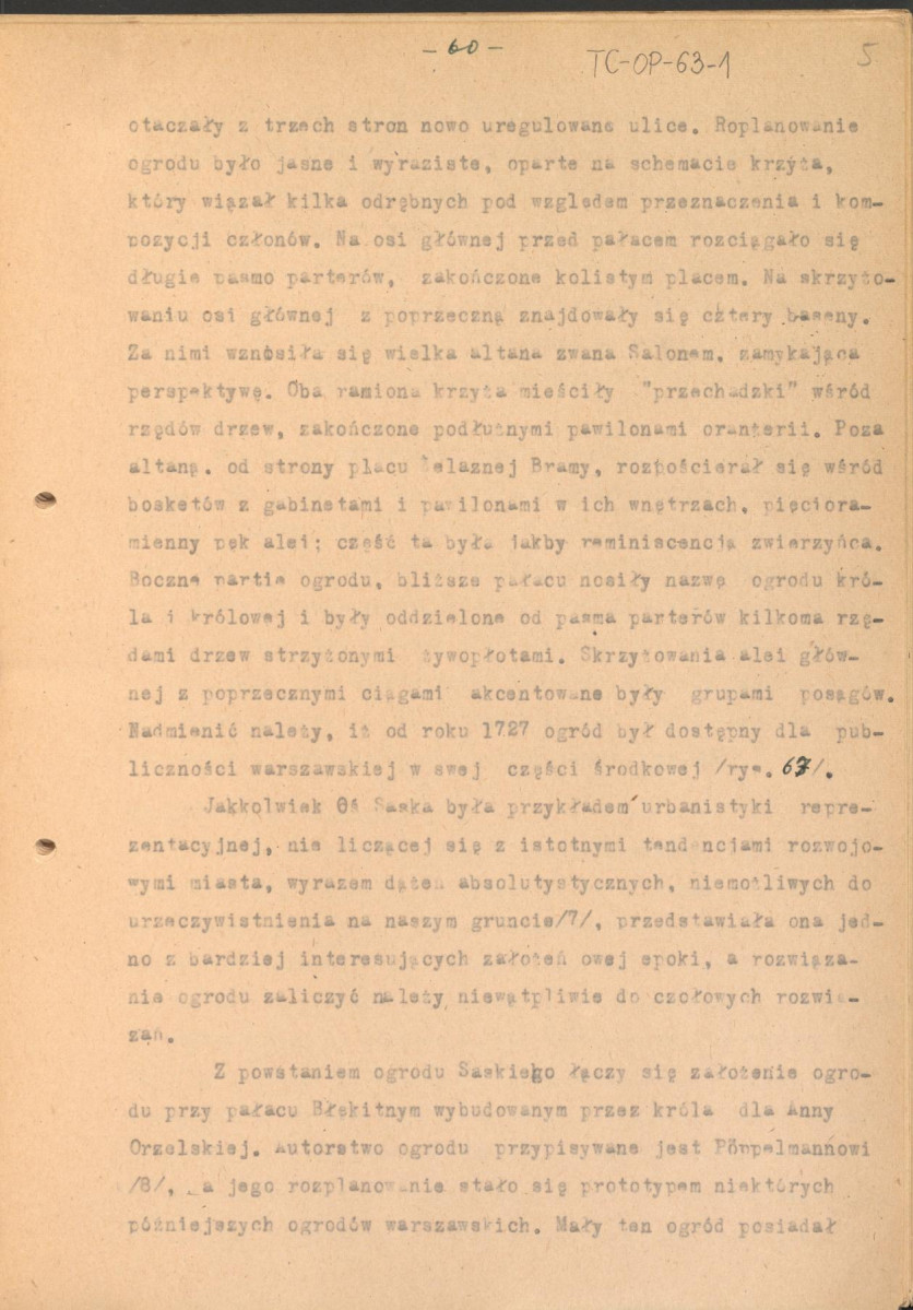materiał roboczy do rozdziału IV "Klasyczne ogrody XVIII wieku" w "Ogrody Polskie" (wyd. 1954) - kolejna wersja tekstu rozpoczynająca się słowami: "Utworzenie w Rzymie w roku 1663 przez Ludwika XIV…", strony ponumerowane 56-81, skan 5