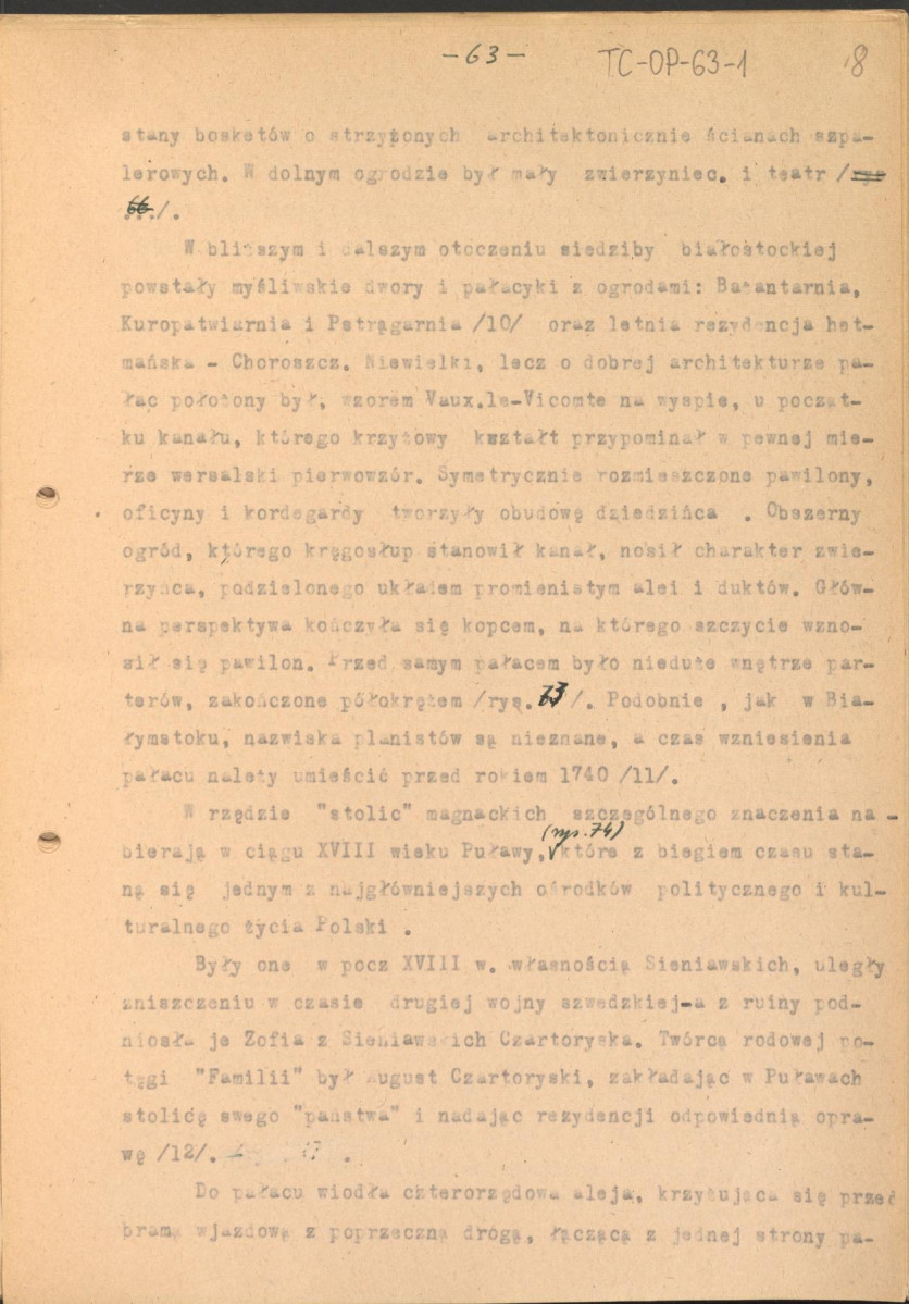 materiał roboczy do rozdziału IV "Klasyczne ogrody XVIII wieku" w "Ogrody Polskie" (wyd. 1954) - kolejna wersja tekstu rozpoczynająca się słowami: "Utworzenie w Rzymie w roku 1663 przez Ludwika XIV…", strony ponumerowane 56-81, skan 8
