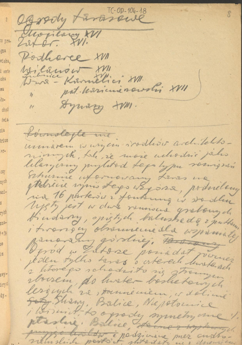 tekst stanowiący materiał roboczy, notatki autorskie i ogólne rozważania nt. polskich ogrodów w kontekście historycznym, skan 8