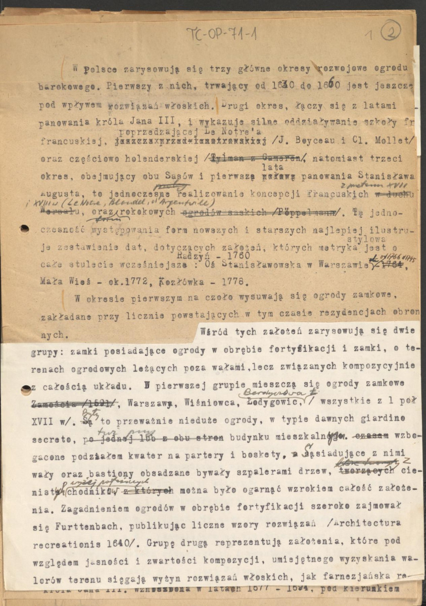 materiały robocze, tekst z publikacji "Ogrody Polskie" łączący w sobie treści z rozdziałów III i IV. Po drugiej stronie kart m.in. listy historycznych założeń ogrodowych z podziałem na powiaty np. Janów Lubelski, Siedlce., skan 1