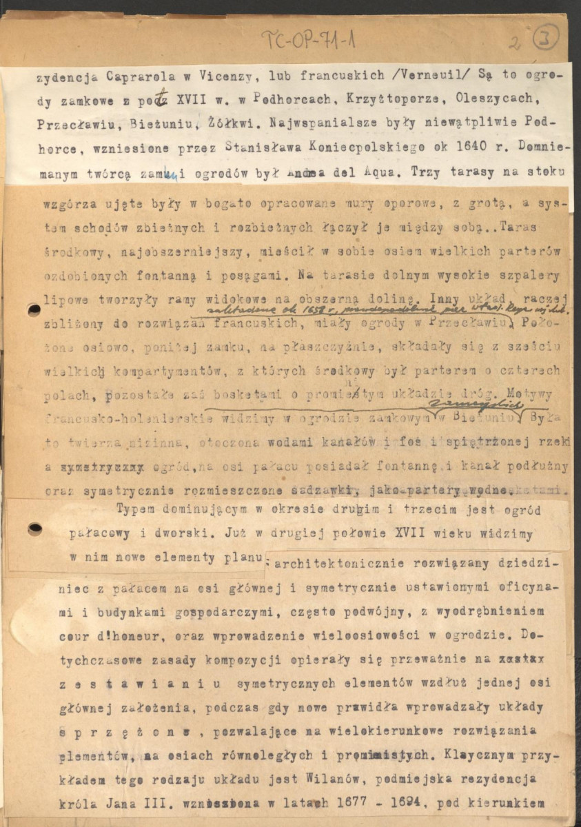 materiały robocze, tekst z publikacji "Ogrody Polskie" łączący w sobie treści z rozdziałów III i IV. Po drugiej stronie kart m.in. listy historycznych założeń ogrodowych z podziałem na powiaty np. Janów Lubelski, Siedlce., skan 2