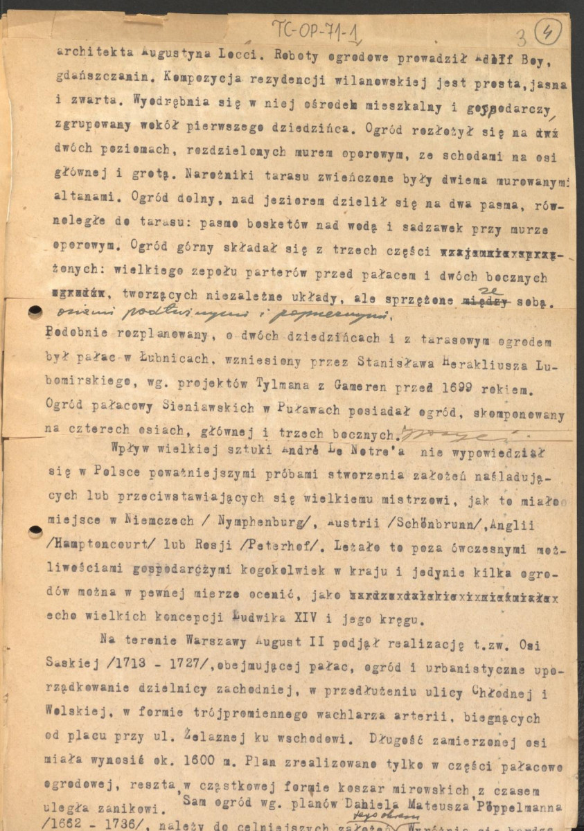 materiały robocze, tekst z publikacji "Ogrody Polskie" łączący w sobie treści z rozdziałów III i IV. Po drugiej stronie kart m.in. listy historycznych założeń ogrodowych z podziałem na powiaty np. Janów Lubelski, Siedlce., skan 3