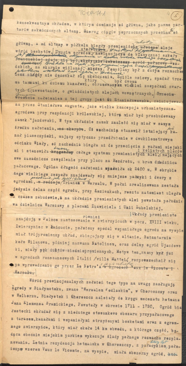 materiały robocze, tekst z publikacji "Ogrody Polskie" łączący w sobie treści z rozdziałów III i IV. Po drugiej stronie kart m.in. listy historycznych założeń ogrodowych z podziałem na powiaty np. Janów Lubelski, Siedlce., skan 4