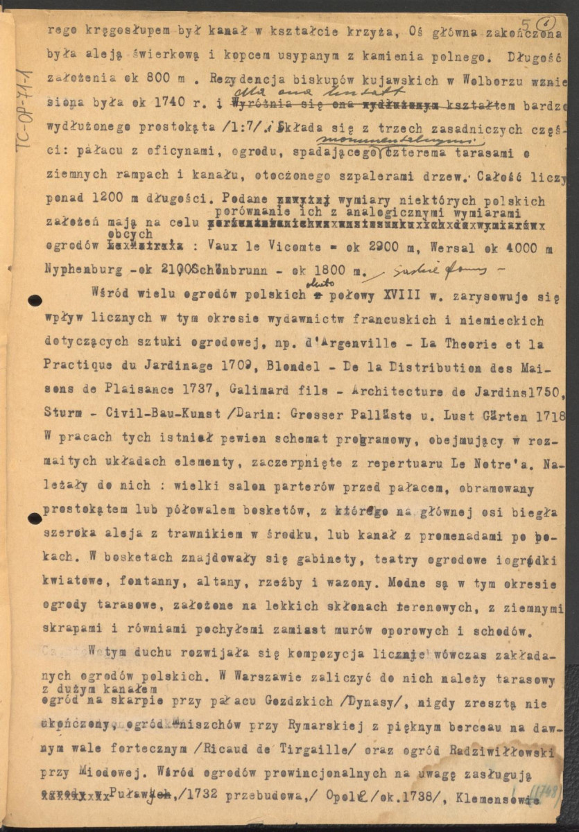 materiały robocze, tekst z publikacji "Ogrody Polskie" łączący w sobie treści z rozdziałów III i IV. Po drugiej stronie kart m.in. listy historycznych założeń ogrodowych z podziałem na powiaty np. Janów Lubelski, Siedlce., skan 5