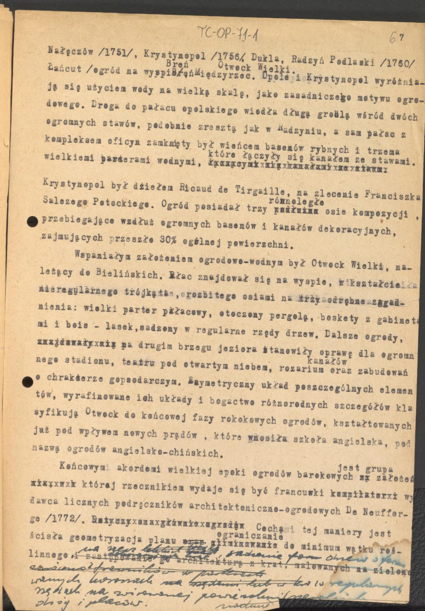 materiały robocze, tekst z publikacji "Ogrody Polskie" łączący w sobie treści z rozdziałów III i IV. Po drugiej stronie kart m.in. listy historycznych założeń ogrodowych z podziałem na powiaty np. Janów Lubelski, Siedlce., skan 6