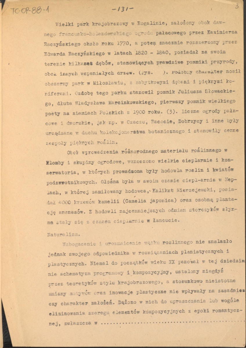 tekst, materiał roboczy do rozdziału VII "Naturalizm i eklektyzm XIX wieku" do wydawnictw: „Ogrody Polskie” i „Zarys historii kompozycji…”, skan 3