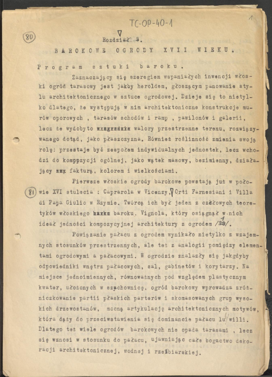tekst, materiał roboczy do rozdziału III publikacji "Ogrody Polskie" (wyd. 1954). Fragment zaczynający się od słów: „Program sztuki baroku zaznaczający się szeregiem wspaniałych inwencji...”, skan 1