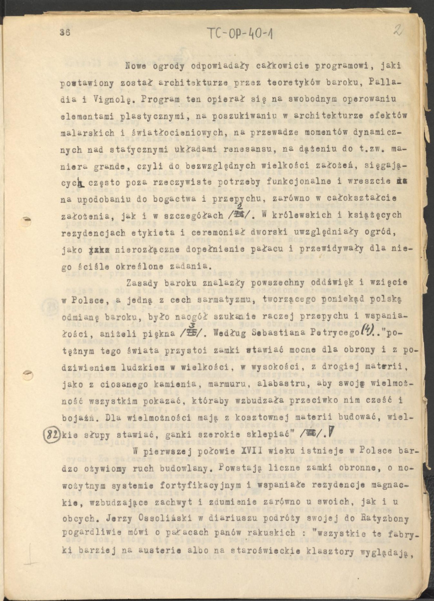 tekst, materiał roboczy do rozdziału III publikacji "Ogrody Polskie" (wyd. 1954). Fragment zaczynający się od słów: „Program sztuki baroku zaznaczający się szeregiem wspaniałych inwencji...”, skan 2