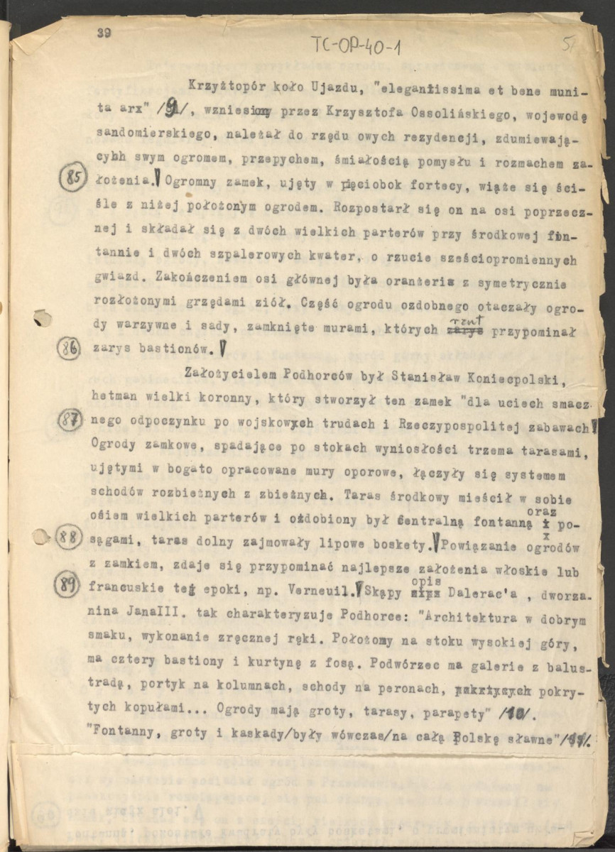 tekst, materiał roboczy do rozdziału III publikacji "Ogrody Polskie" (wyd. 1954). Fragment zaczynający się od słów: „Program sztuki baroku zaznaczający się szeregiem wspaniałych inwencji...”, skan 5