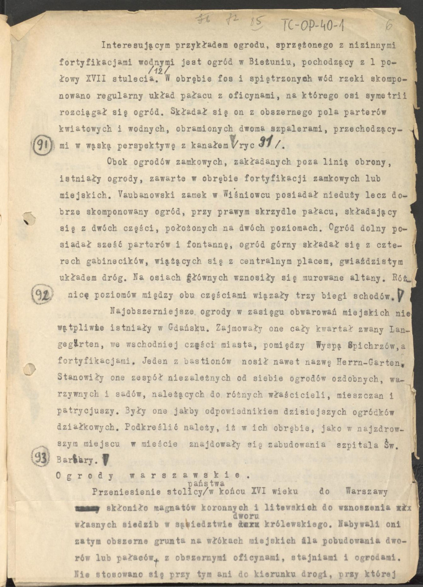 tekst, materiał roboczy do rozdziału III publikacji "Ogrody Polskie" (wyd. 1954). Fragment zaczynający się od słów: „Program sztuki baroku zaznaczający się szeregiem wspaniałych inwencji...”, skan 6