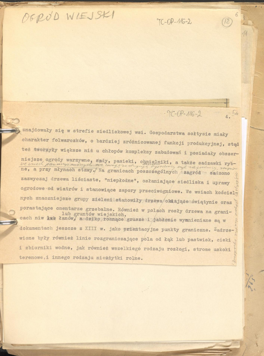 tekst uzupełniony fotografiami oraz rysunkami stanowiący materiał roboczy do zagadnień sztuki ogrodowej oraz przemian w kształtowaniu miast w epoce gotyku, zgrupowany w rozdzaiły: uwagi ogólne, piśmiennictwo ogrodnicze, ogrody siedlisk wiejskich, dworskich oraz zamkowych,rezydencje letnie, dwory myśliwskie, zwierzyńce, miasto., skan 6