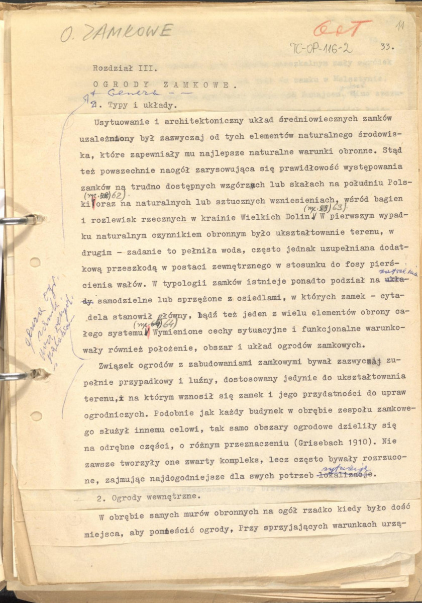 tekst uzupełniony fotografiami oraz rysunkami stanowiący materiał roboczy do zagadnień sztuki ogrodowej oraz przemian w kształtowaniu miast w epoce gotyku, zgrupowany w rozdzaiły: uwagi ogólne, piśmiennictwo ogrodnicze, ogrody siedlisk wiejskich, dworskich oraz zamkowych,rezydencje letnie, dwory myśliwskie, zwierzyńce, miasto., skan 11