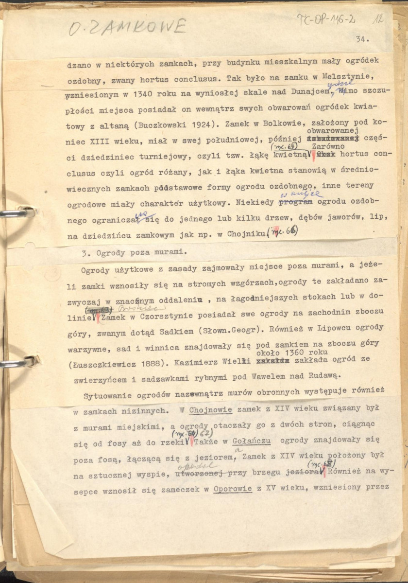 tekst uzupełniony fotografiami oraz rysunkami stanowiący materiał roboczy do zagadnień sztuki ogrodowej oraz przemian w kształtowaniu miast w epoce gotyku, zgrupowany w rozdzaiły: uwagi ogólne, piśmiennictwo ogrodnicze, ogrody siedlisk wiejskich, dworskich oraz zamkowych,rezydencje letnie, dwory myśliwskie, zwierzyńce, miasto., skan 12