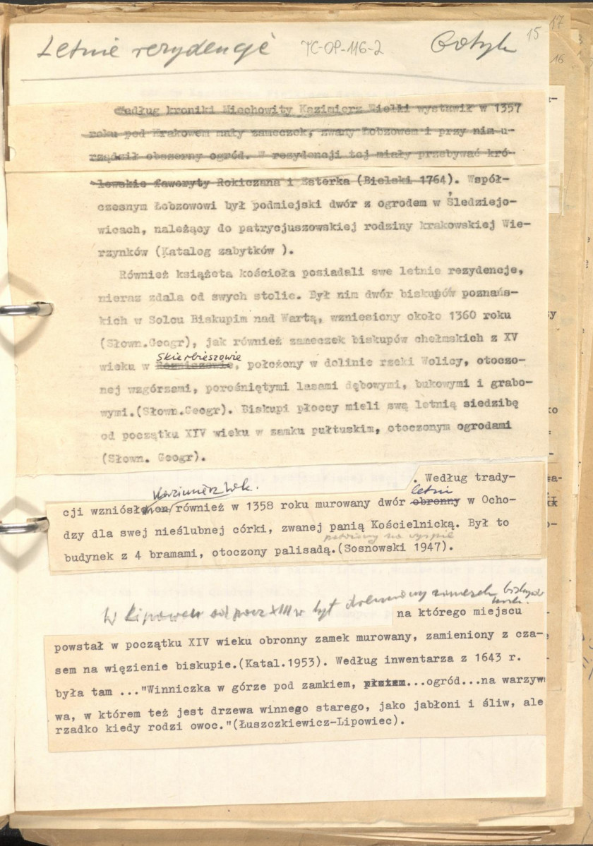 tekst uzupełniony fotografiami oraz rysunkami stanowiący materiał roboczy do zagadnień sztuki ogrodowej oraz przemian w kształtowaniu miast w epoce gotyku, zgrupowany w rozdzaiły: uwagi ogólne, piśmiennictwo ogrodnicze, ogrody siedlisk wiejskich, dworskich oraz zamkowych,rezydencje letnie, dwory myśliwskie, zwierzyńce, miasto., skan 15