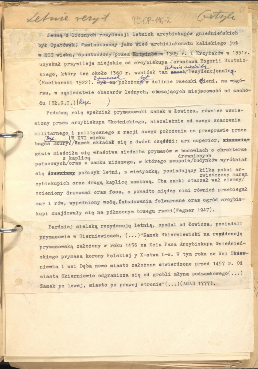 tekst uzupełniony fotografiami oraz rysunkami stanowiący materiał roboczy do zagadnień sztuki ogrodowej oraz przemian w kształtowaniu miast w epoce gotyku, zgrupowany w rozdzaiły: uwagi ogólne, piśmiennictwo ogrodnicze, ogrody siedlisk wiejskich, dworskich oraz zamkowych,rezydencje letnie, dwory myśliwskie, zwierzyńce, miasto., skan 17
