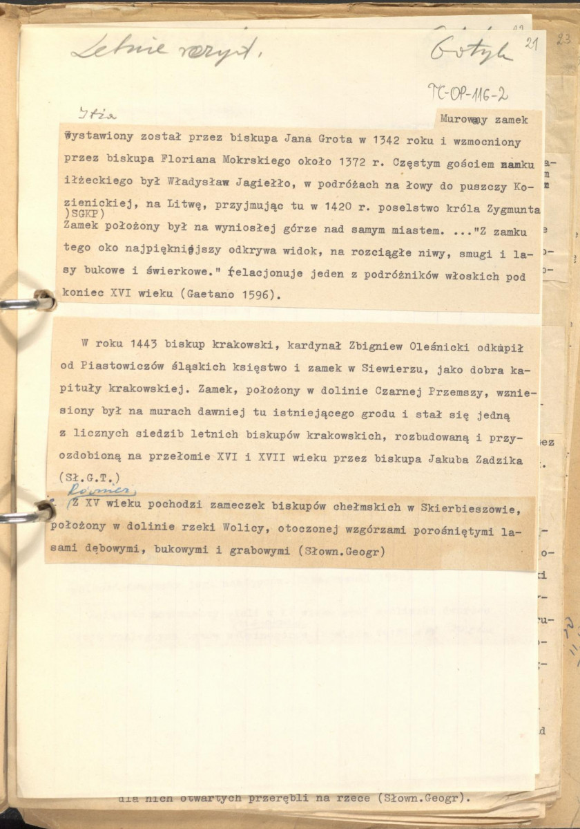 tekst uzupełniony fotografiami oraz rysunkami stanowiący materiał roboczy do zagadnień sztuki ogrodowej oraz przemian w kształtowaniu miast w epoce gotyku, zgrupowany w rozdzaiły: uwagi ogólne, piśmiennictwo ogrodnicze, ogrody siedlisk wiejskich, dworskich oraz zamkowych,rezydencje letnie, dwory myśliwskie, zwierzyńce, miasto., skan 21