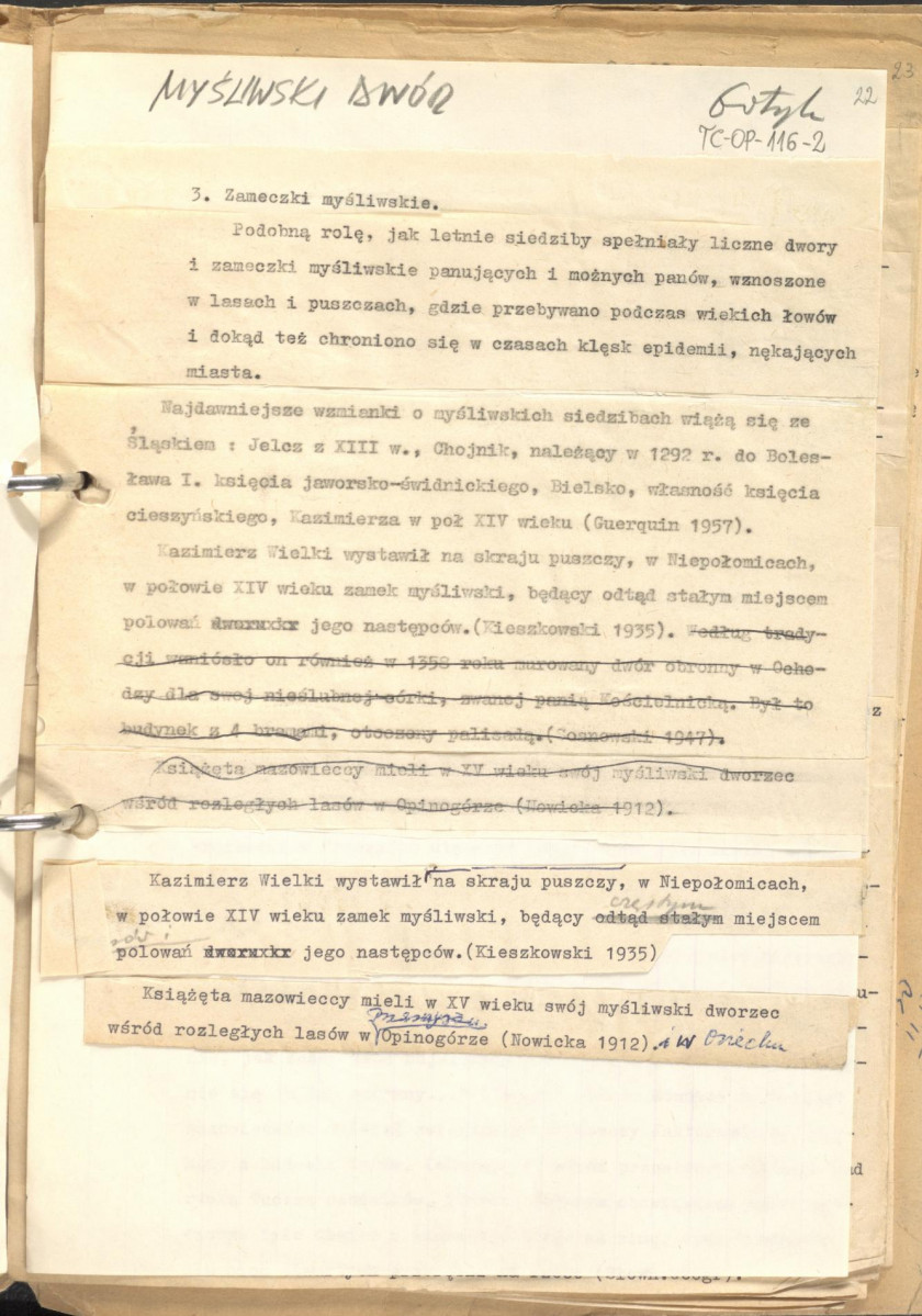 tekst uzupełniony fotografiami oraz rysunkami stanowiący materiał roboczy do zagadnień sztuki ogrodowej oraz przemian w kształtowaniu miast w epoce gotyku, zgrupowany w rozdzaiły: uwagi ogólne, piśmiennictwo ogrodnicze, ogrody siedlisk wiejskich, dworskich oraz zamkowych,rezydencje letnie, dwory myśliwskie, zwierzyńce, miasto., skan 22