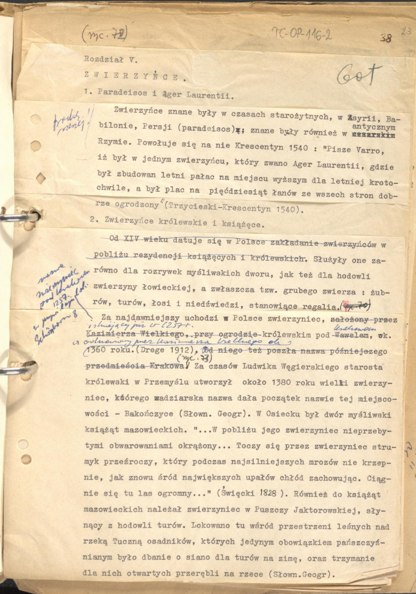 tekst uzupełniony fotografiami oraz rysunkami stanowiący materiał roboczy do zagadnień sztuki ogrodowej oraz przemian w kształtowaniu miast w epoce gotyku, zgrupowany w rozdzaiły: uwagi ogólne, piśmiennictwo ogrodnicze, ogrody siedlisk wiejskich, dworskich oraz zamkowych,rezydencje letnie, dwory myśliwskie, zwierzyńce, miasto., skan 23