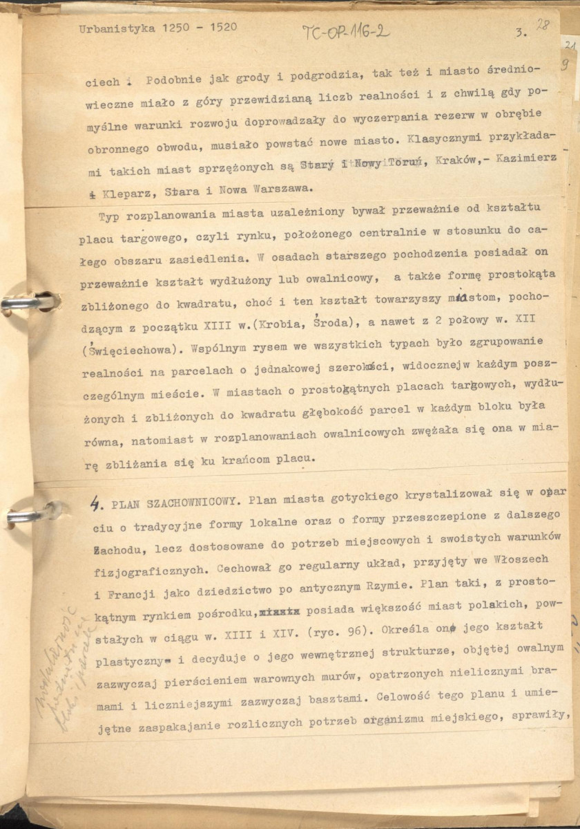 tekst uzupełniony fotografiami oraz rysunkami stanowiący materiał roboczy do zagadnień sztuki ogrodowej oraz przemian w kształtowaniu miast w epoce gotyku, zgrupowany w rozdzaiły: uwagi ogólne, piśmiennictwo ogrodnicze, ogrody siedlisk wiejskich, dworskich oraz zamkowych,rezydencje letnie, dwory myśliwskie, zwierzyńce, miasto., skan 28