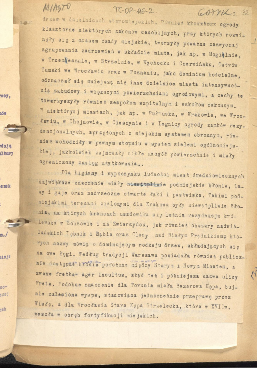 tekst uzupełniony fotografiami oraz rysunkami stanowiący materiał roboczy do zagadnień sztuki ogrodowej oraz przemian w kształtowaniu miast w epoce gotyku, zgrupowany w rozdzaiły: uwagi ogólne, piśmiennictwo ogrodnicze, ogrody siedlisk wiejskich, dworskich oraz zamkowych,rezydencje letnie, dwory myśliwskie, zwierzyńce, miasto., skan 32