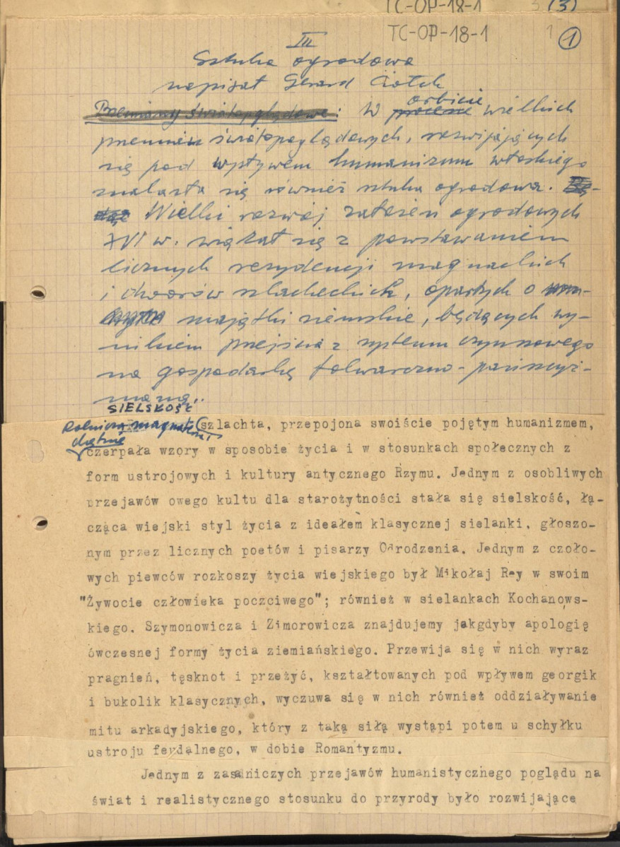 fragmenty tekstu, materiał roboczy pt. "III. Sztuka ogrodowa", kolejna wersja redakcyjna, skan 1