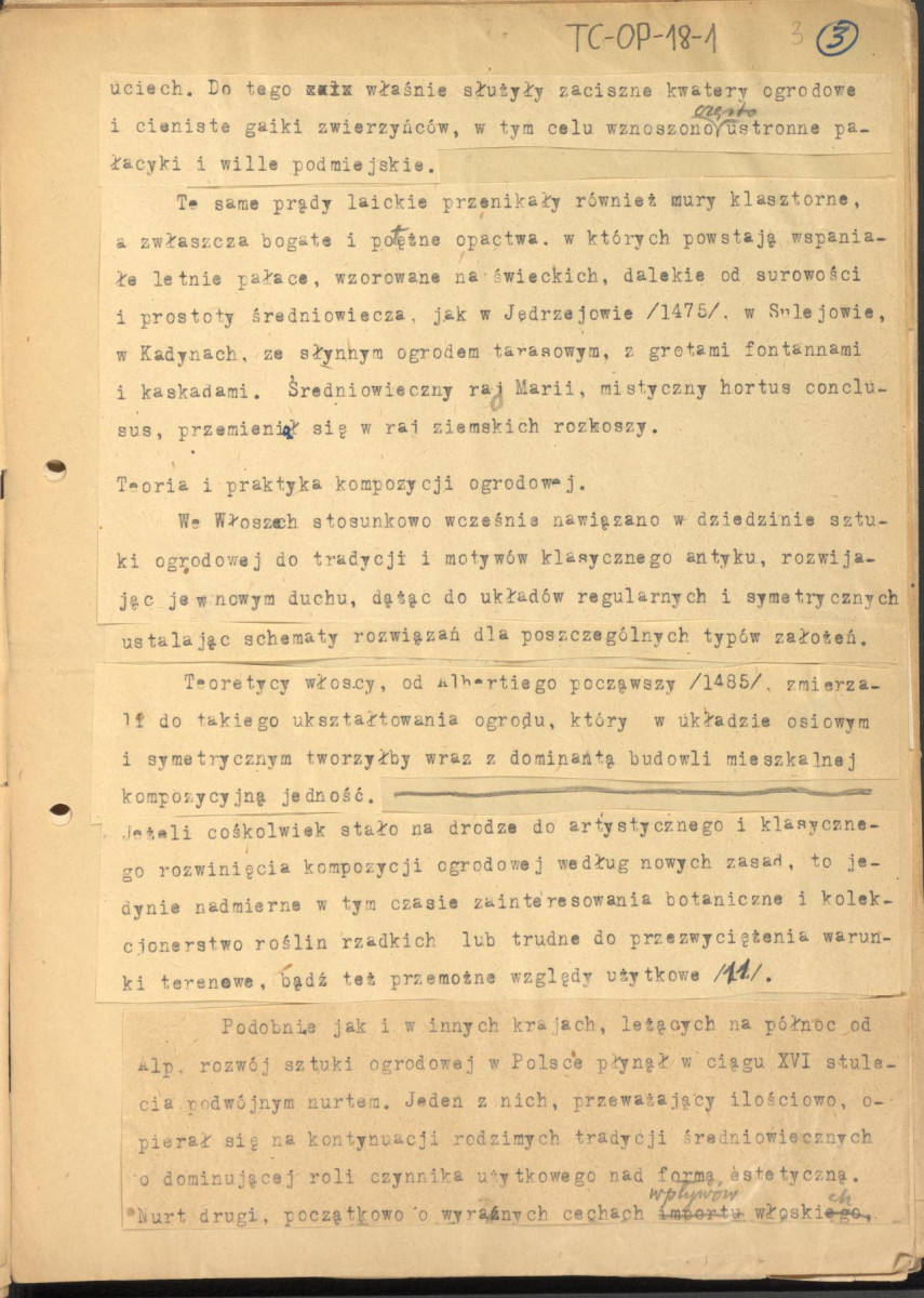 fragmenty tekstu, materiał roboczy pt. "III. Sztuka ogrodowa", kolejna wersja redakcyjna, skan 3