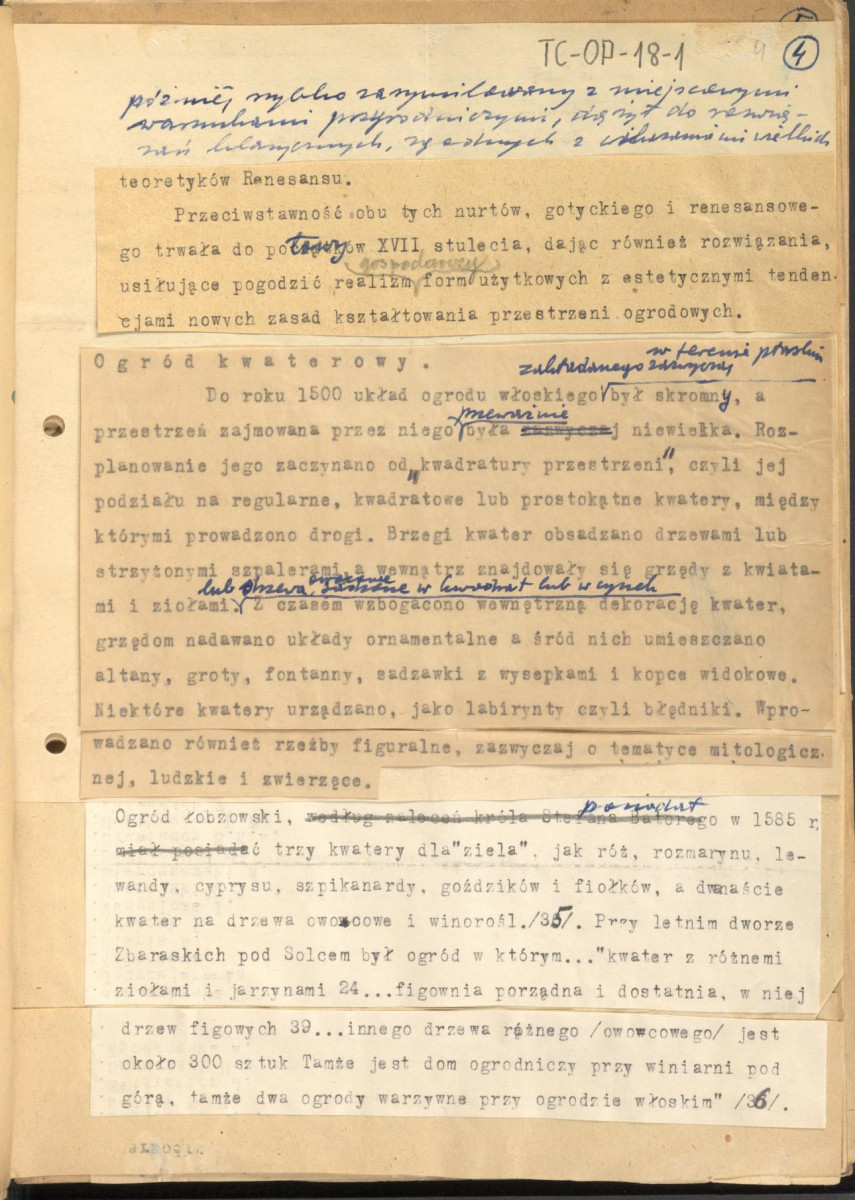 fragmenty tekstu, materiał roboczy pt. "III. Sztuka ogrodowa", kolejna wersja redakcyjna, skan 4