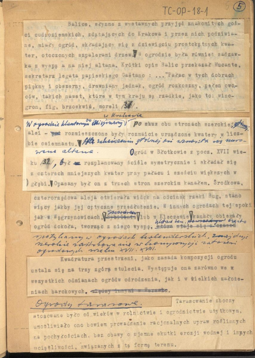 fragmenty tekstu, materiał roboczy pt. "III. Sztuka ogrodowa", kolejna wersja redakcyjna, skan 5