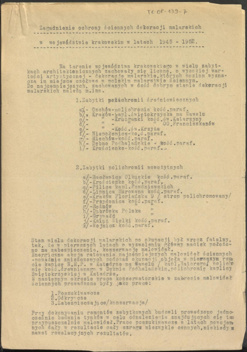 zagadnienie ochrony ściennych dekoracji malarskich w województwie krakowskim w latach 1945-1952, skan 1