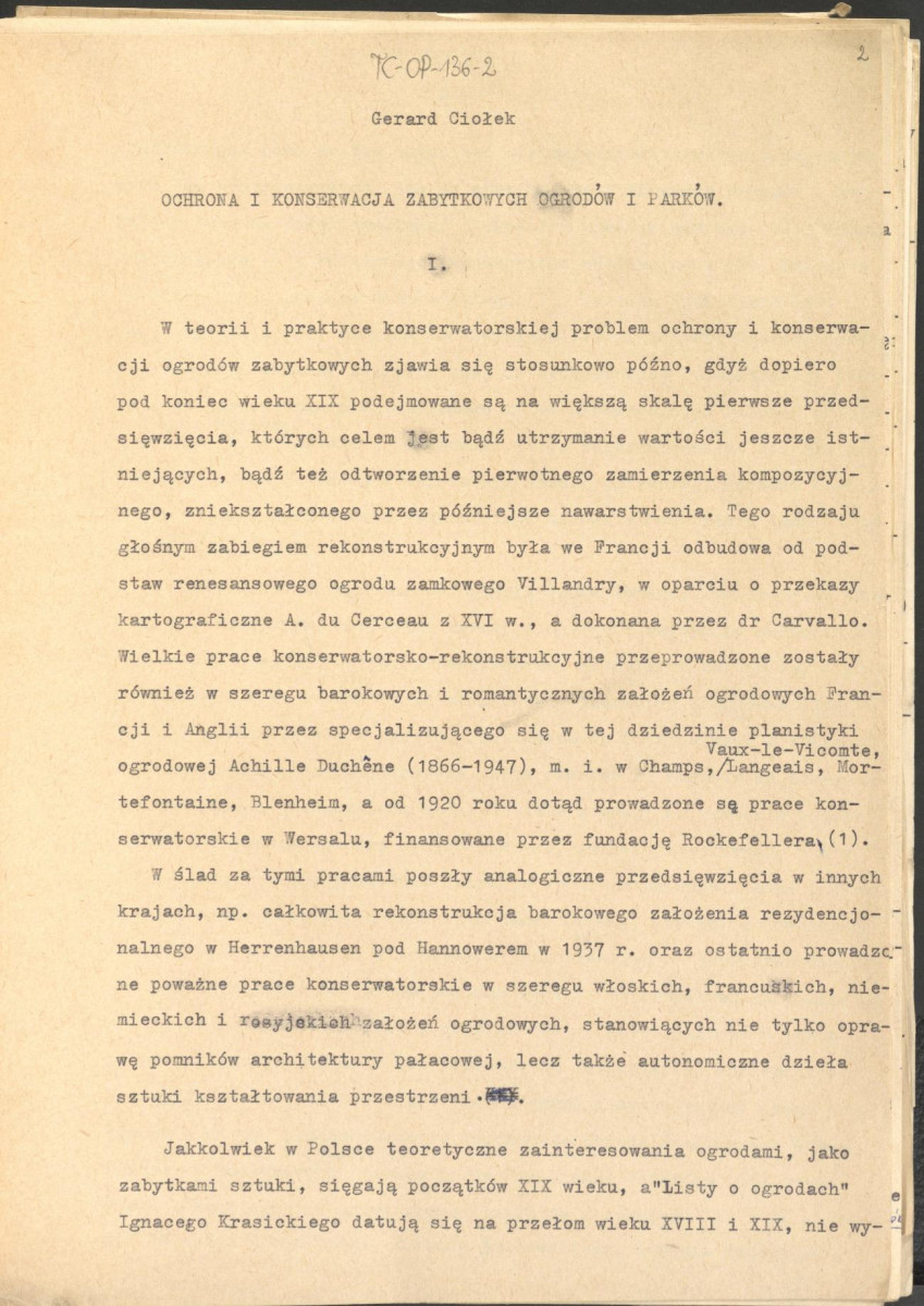 materiał roboczy, wg. opisu z obwoluty wydany drukiem w BMiOZ, seria B, t. XXIII, 1968, s. 153-168, na temat teorii i praktyki konserwatorskiej stosowanych w odniesieniu do różnych założeń ogrodowych i parków w ujęciu historycznym oraz zagadnień związanych z rekonstrukcją ogrodów zabytkowych, skan 2