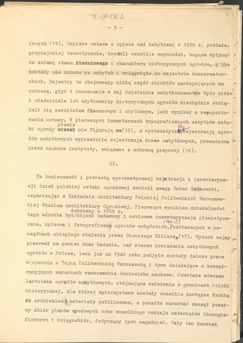 materiał roboczy, wg. opisu z obwoluty wydany drukiem w BMiOZ, seria B, t. XXIII, 1968, s. 153-168, na temat teorii i praktyki konserwatorskiej stosowanych w odniesieniu do różnych założeń ogrodowych i parków w ujęciu historycznym oraz zagadnień związanych z rekonstrukcją ogrodów zabytkowych, skan 4