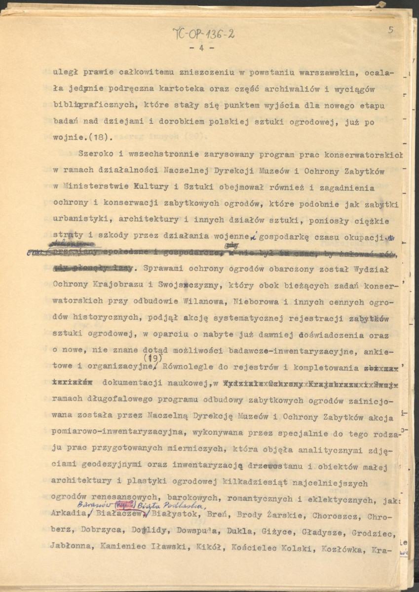materiał roboczy, wg. opisu z obwoluty wydany drukiem w BMiOZ, seria B, t. XXIII, 1968, s. 153-168, na temat teorii i praktyki konserwatorskiej stosowanych w odniesieniu do różnych założeń ogrodowych i parków w ujęciu historycznym oraz zagadnień związanych z rekonstrukcją ogrodów zabytkowych, skan 5