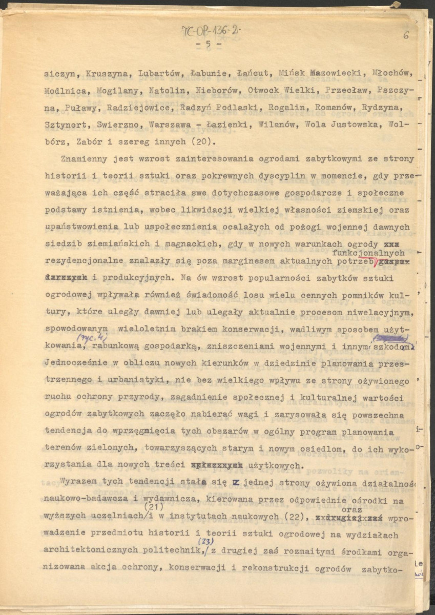 materiał roboczy, wg. opisu z obwoluty wydany drukiem w BMiOZ, seria B, t. XXIII, 1968, s. 153-168, na temat teorii i praktyki konserwatorskiej stosowanych w odniesieniu do różnych założeń ogrodowych i parków w ujęciu historycznym oraz zagadnień związanych z rekonstrukcją ogrodów zabytkowych, skan 6