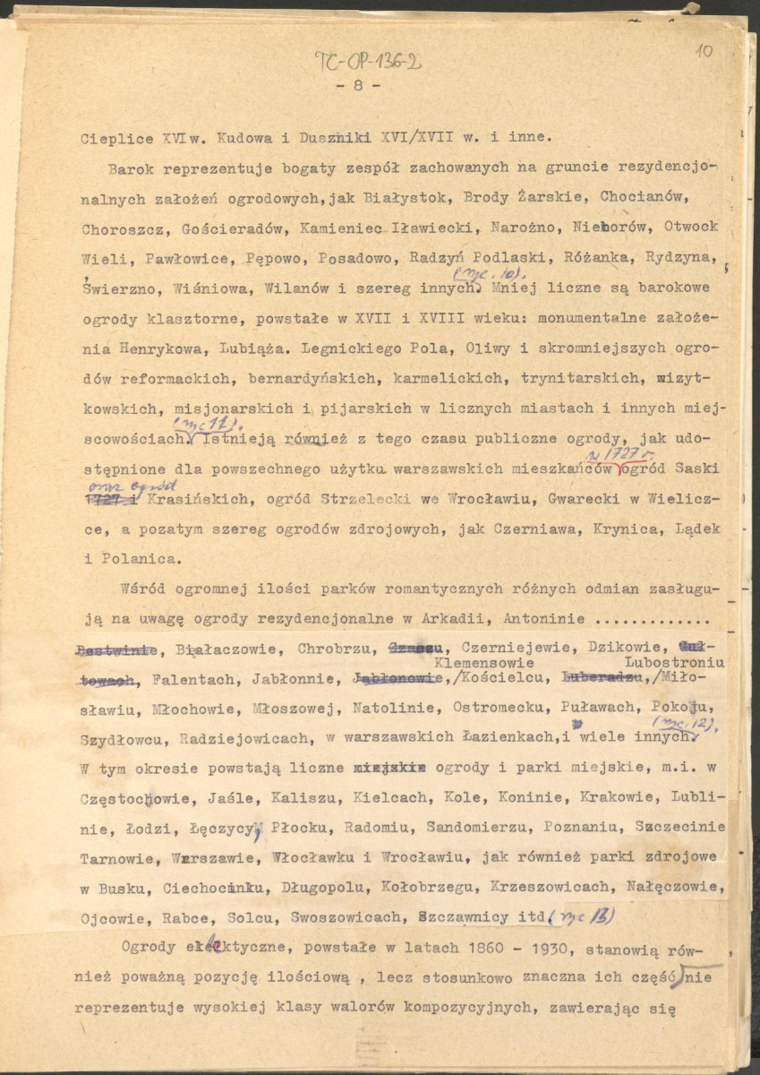 materiał roboczy, wg. opisu z obwoluty wydany drukiem w BMiOZ, seria B, t. XXIII, 1968, s. 153-168, na temat teorii i praktyki konserwatorskiej stosowanych w odniesieniu do różnych założeń ogrodowych i parków w ujęciu historycznym oraz zagadnień związanych z rekonstrukcją ogrodów zabytkowych, skan 10