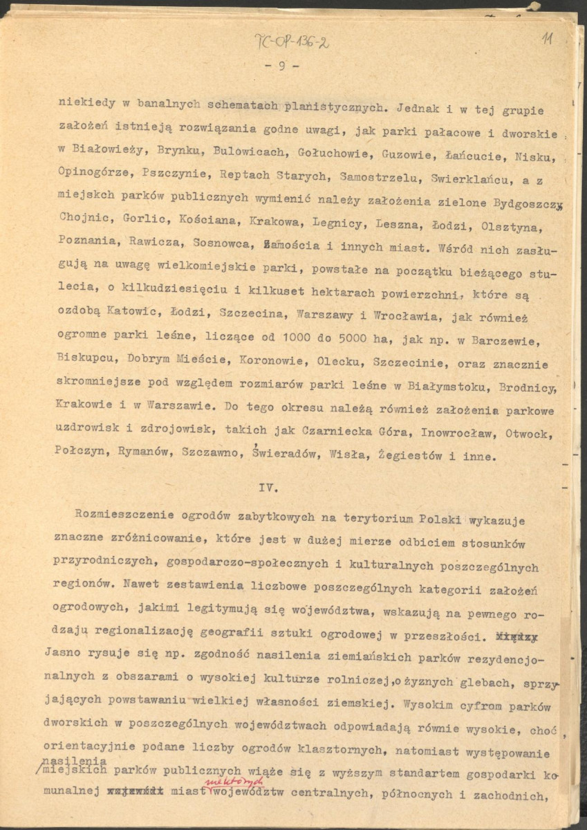 materiał roboczy, wg. opisu z obwoluty wydany drukiem w BMiOZ, seria B, t. XXIII, 1968, s. 153-168, na temat teorii i praktyki konserwatorskiej stosowanych w odniesieniu do różnych założeń ogrodowych i parków w ujęciu historycznym oraz zagadnień związanych z rekonstrukcją ogrodów zabytkowych, skan 11